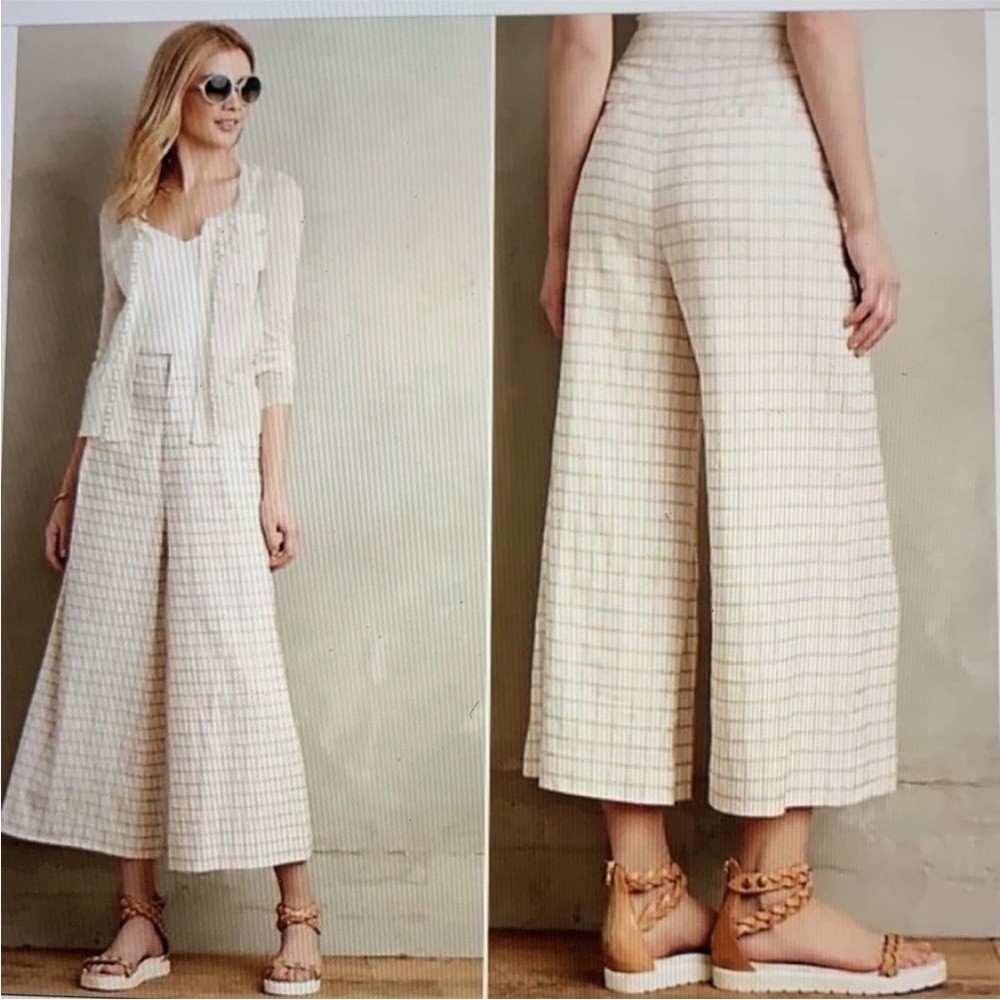 Anthropologie Elevenses Linen Blend Windowpane Grid Wide Leg  Crop Culottes Sz 8